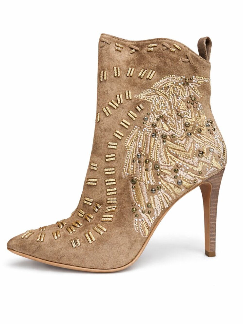 Sam Edelman Tan Suede Beaded Ankle Boots Size 8 – Gold Embellished Stiletto Boot